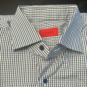 Isaia Men’s Green&Blue&White Plaid Shirt Long Sleeve 100% Cotton Sz 17.5/44